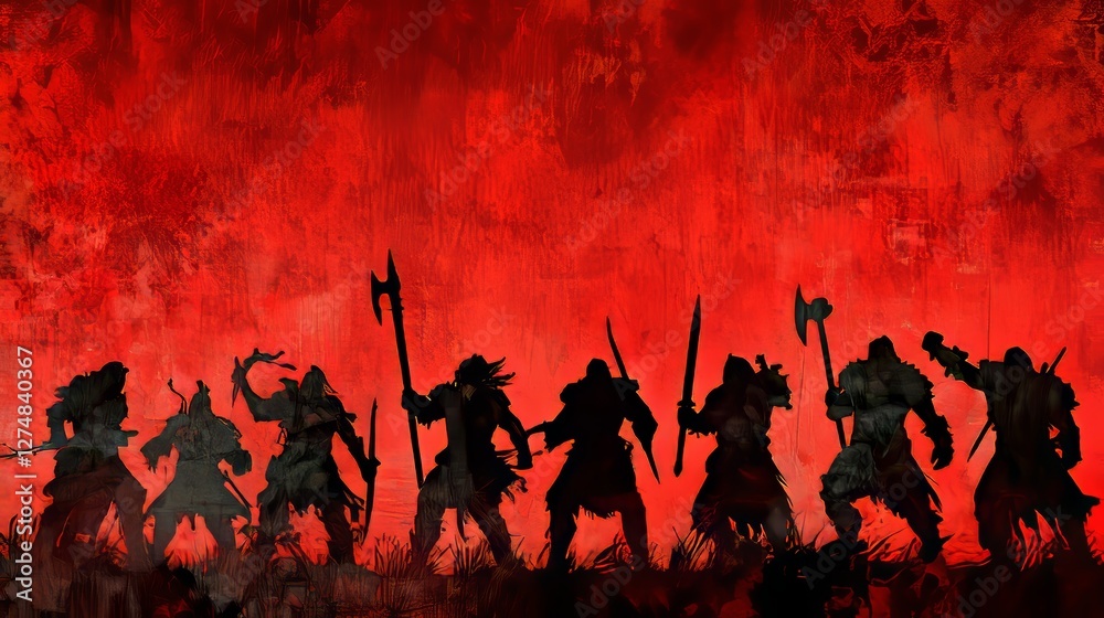 The engagement is over. The solitary surviving Viking faces the blood-colored sky with a raised spear. Defeated warriors surround him. The spear is lodged in the ground. Smoke drifts upward. This is The engagement is over. The solitary surviving Viking faces the blood-colored sky with a raised spear. Defeated warriors surround him. The spear is lodged in the ground. Smoke drifts upward. This is