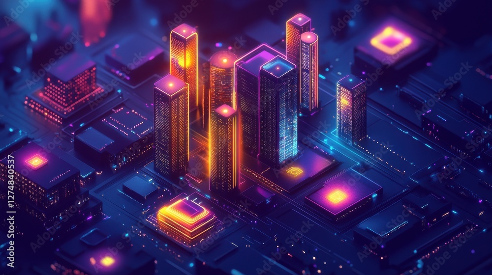 Fototapeta premium Vibrant Futuristic Cityscape with Neon Lights and Skyscrapers
