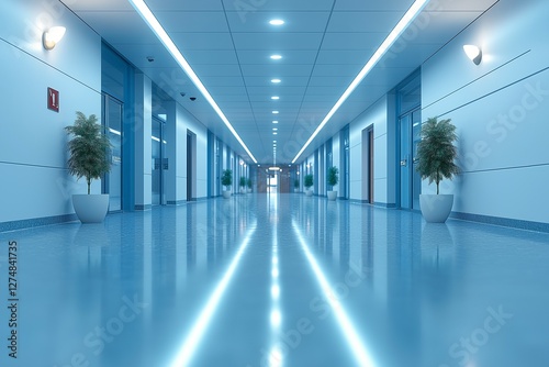 Wallpaper Mural A modern corridor featuring sleek lines, bright lights, and potted plants, conveying a sense of cleanliness and tranquility. Torontodigital.ca