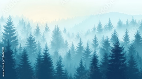 Evergreen trees shrouded in mist creates a serene forest landscape