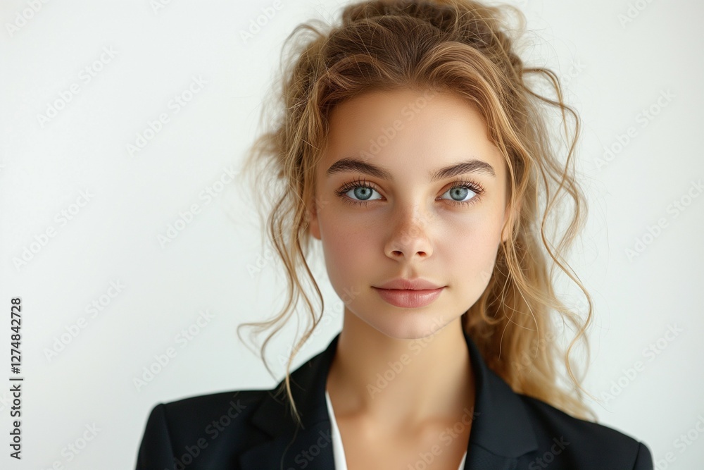 A young Caucasian woman with captivating blue eyes poses confidently in a professional black blazer. A young Caucasian woman with captivating blue eyes poses confidently in a professional black blazer.