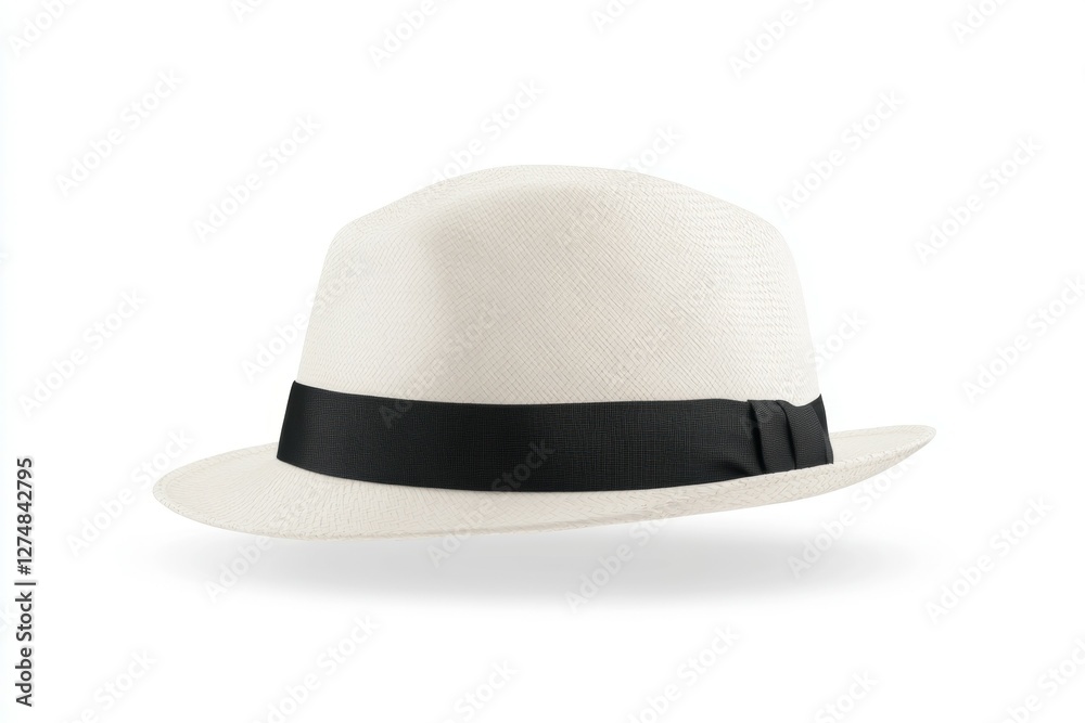White hat with a black band sits on a white background White hat with a black band sits on a white background