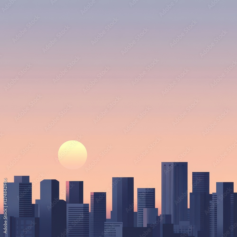 Cityscape silhouette under a pastel colored sunset sky Cityscape silhouette under a pastel colored sunset sky