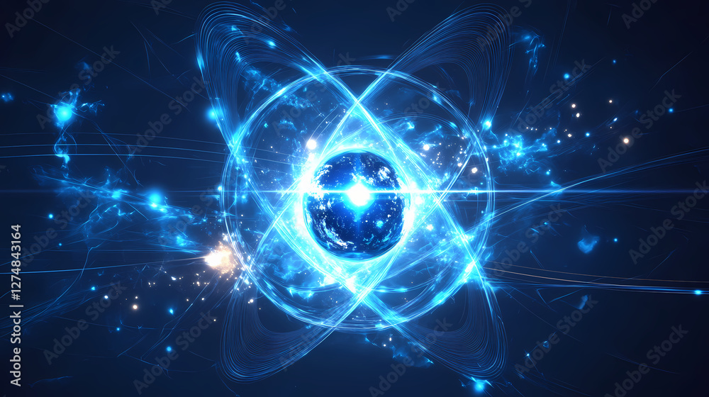 Naklejka premium A glowing blue energy symbol with a central orb surrounded by a circular ring and streaks of light. the symbol is on a dark blue background. Magnetic Light Resonance. Illustration