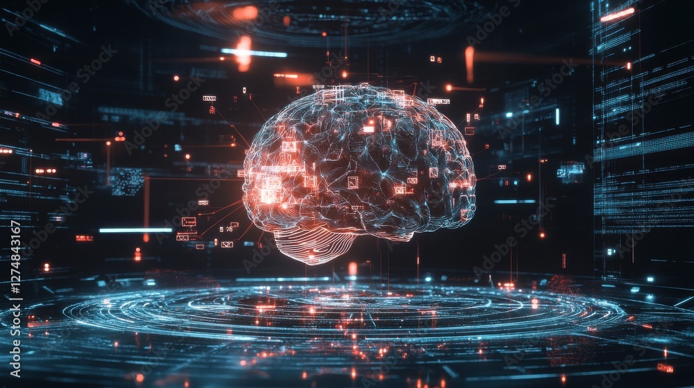 Obraz premium Futuristic Digital Brain with Data Streams and Technology Visuals