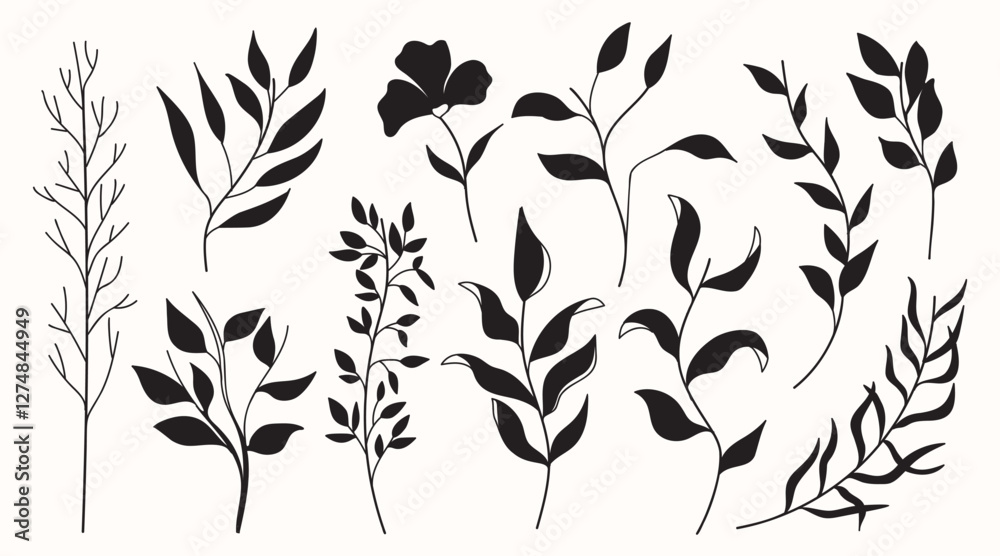 Fototapeta premium Botanical Vintage Silhouette Collection. Elegant Nature Vector Set.