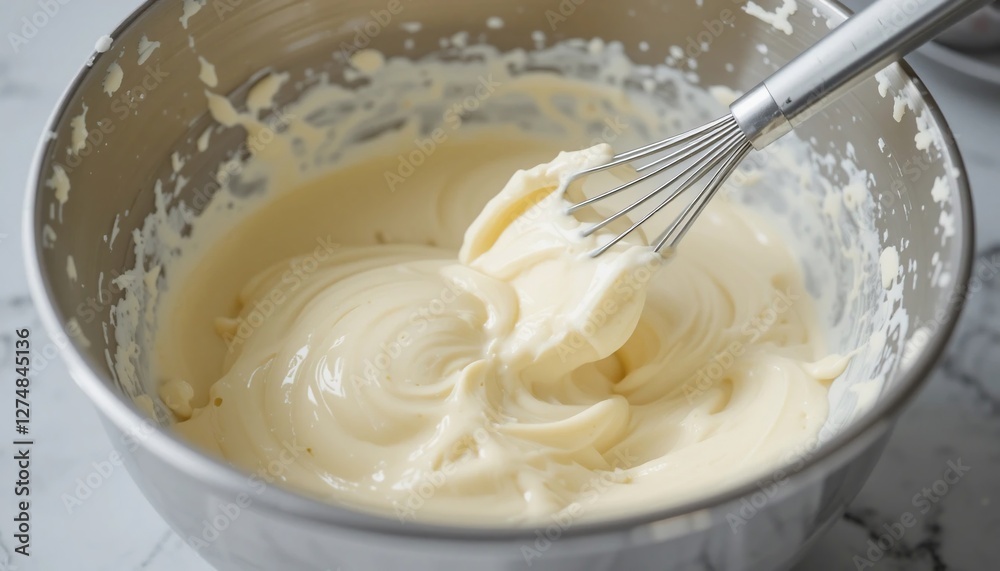 Creamy Pastry Cream in Metal Bowl Whisk Baking Dessert Making Food Preparation Creamy Pastry Cream in Metal Bowl Whisk Baking Dessert Making Food Preparation
