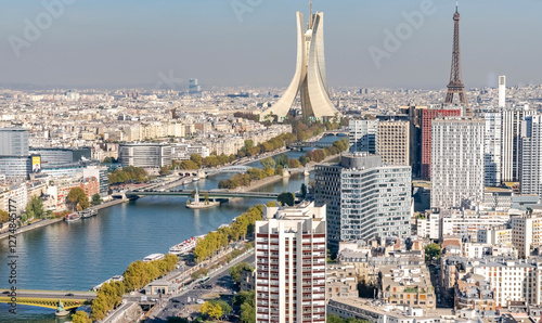 Aerial view of a sunny day in Paris with the Eiffel Tower, the Seine River, and buildings, combined with the Algiers Martyr's Memorial monument and Algerian flags in a composite image from two photos.