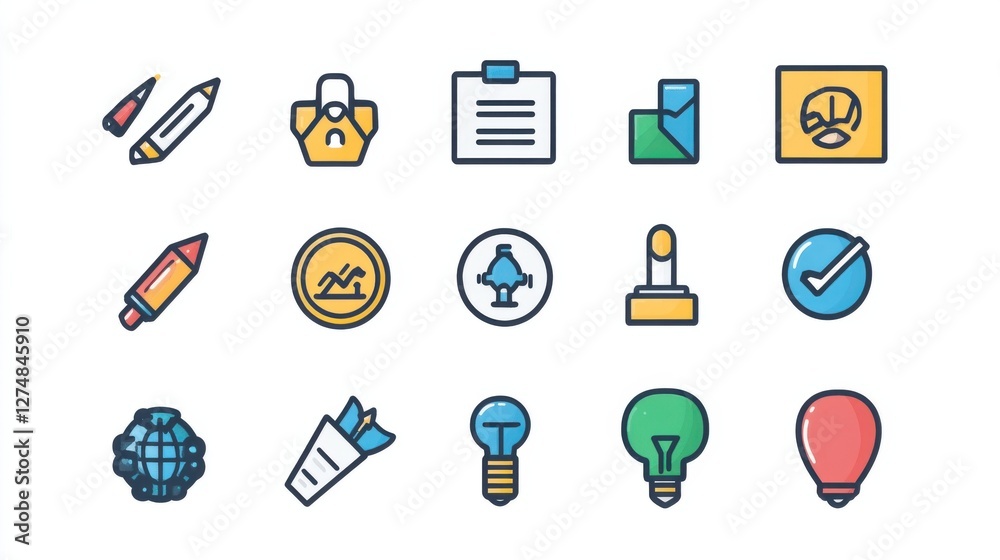 Colorful Icons Representing Creative Tools and Concepts in Design Colorful Icons Representing Creative Tools and Concepts in Design