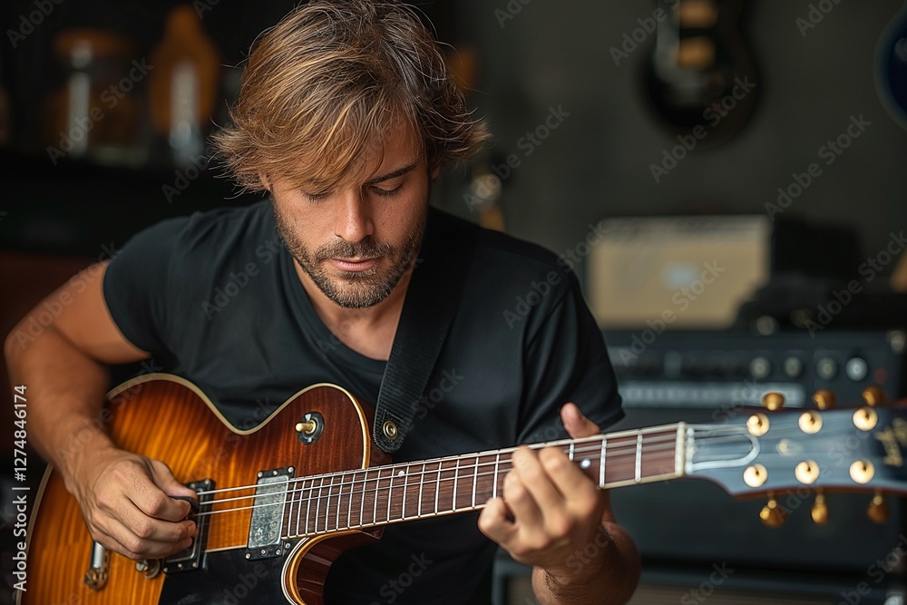 Fototapeta premium A focused Caucasian man playing an electric guitar in a cozy music studio.