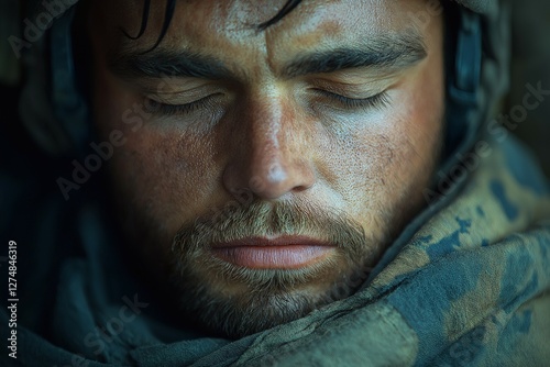 Portrait of a tired soldier resting with closed eyes, showcasing resilience and determination.