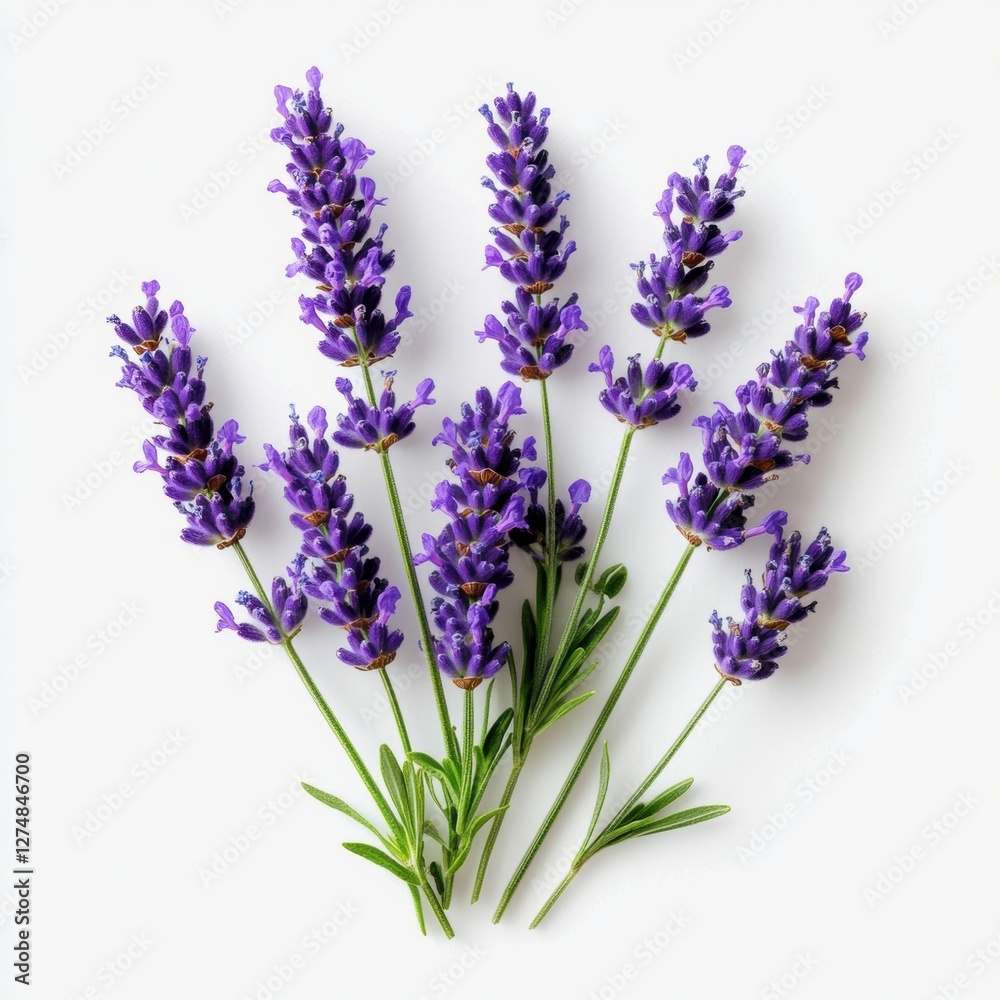 Obraz premium Fresh Purple Lavender Stems on White Background for Natural Decor