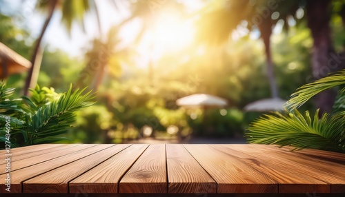 Blurred Tropical Patio Backdrop with an Empty Wooden Table bathed in Sunlight during a Tropical Afternoon, evoking Serenity and Warmth. photo