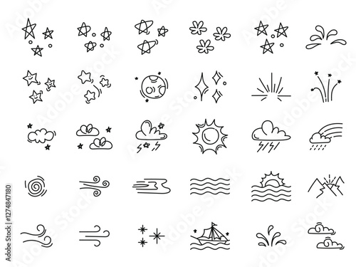 Doodle Nature hand-drawn weather outline icons with sun, stars, and clouds.Vector illustration.