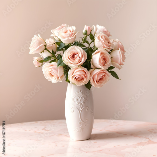 Wallpaper Mural A beautiful bouquet of pink roses in a white vase on a marble surface, symbolizing elegance and romance. Generative AI Torontodigital.ca