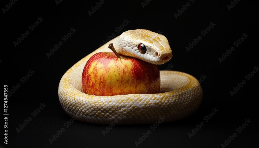 Fototapeta premium White Snake Curled Around Red Apple on Black Background