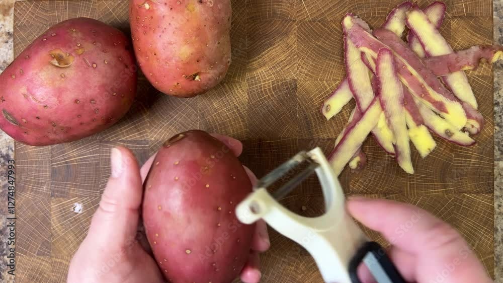 Woman peeling potatoes with peeler on wooden cutting board background.