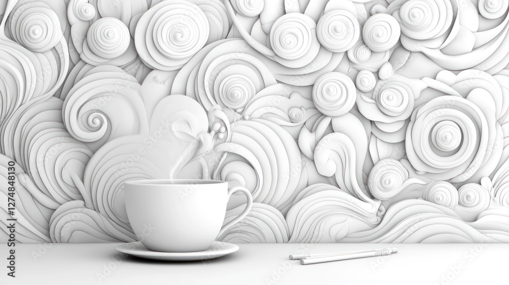 White Coffee Cup on Swirling Wave Background Minimalist Design White Coffee Cup on Swirling Wave Background Minimalist Design