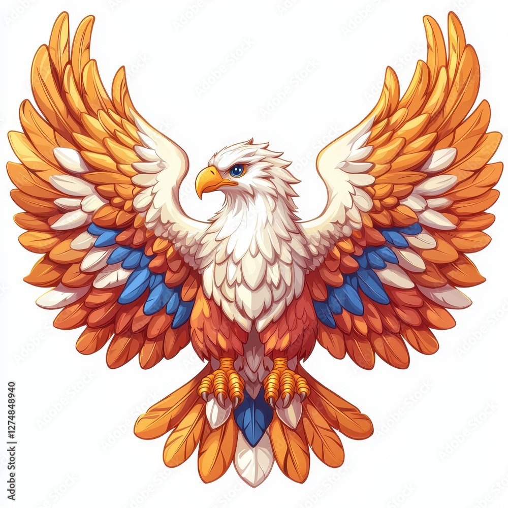 Obraz premium Majestic Eagle with Vibrant Orange Blue and White Feathers Wings Spread Wide