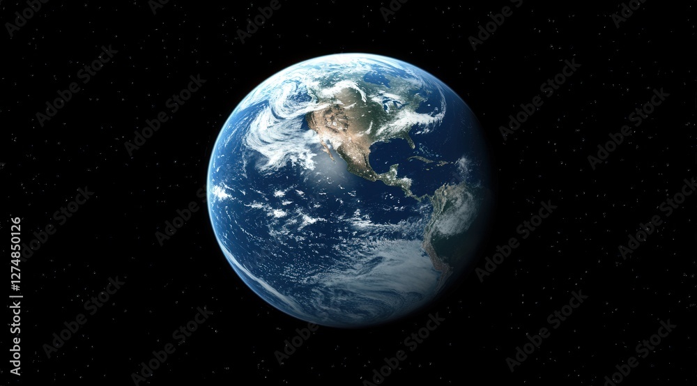 Fototapeta premium Earth view from space showing continents and oceans with stars. Great for education!