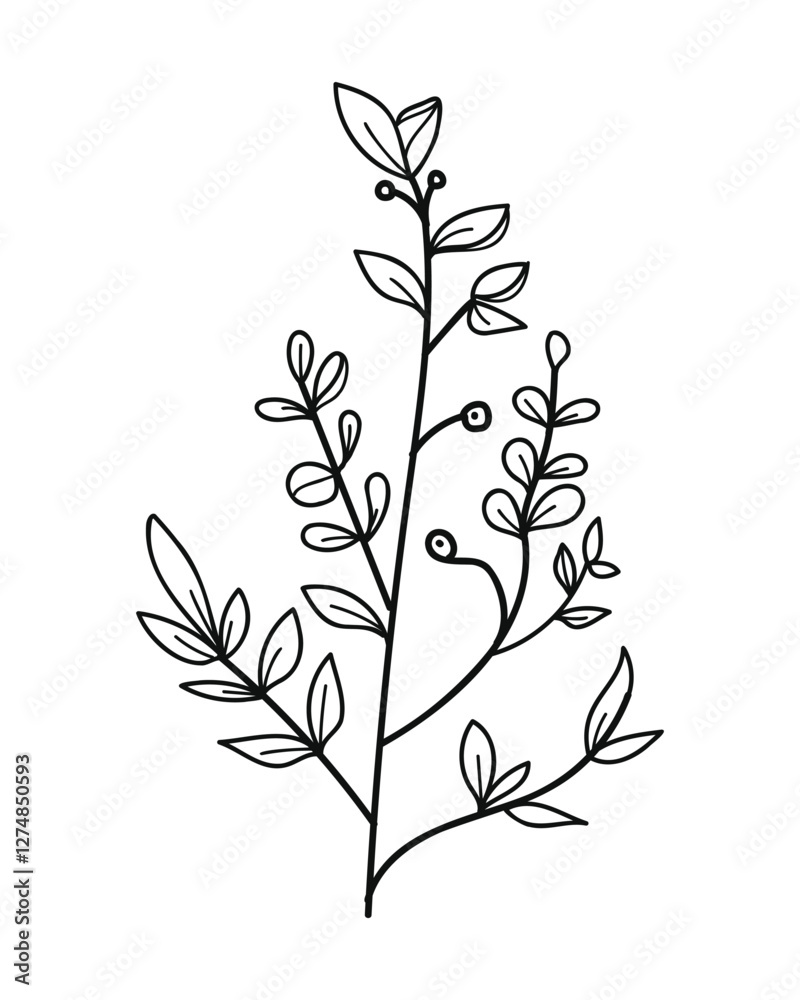 Naklejka premium Branch of a plant with flowers and leaves. Hand drawn vector illustration.