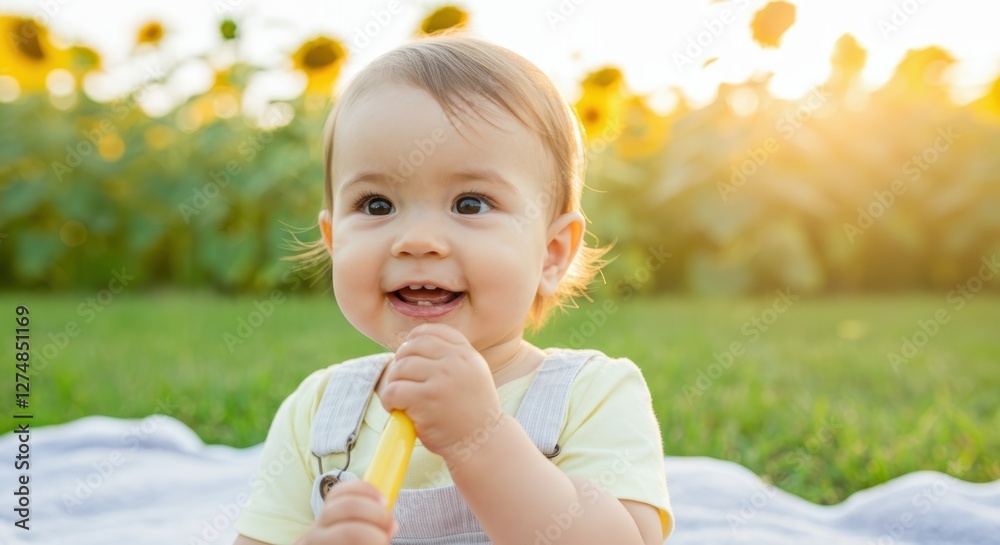 Cheerful caucasian toddler enjoying a sunny day in the sunflower field Cheerful caucasian toddler enjoying a sunny day in the sunflower field
