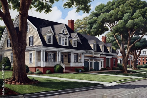 Suburban Homescape Trees, Houses, Lawns, Streets, and Sky