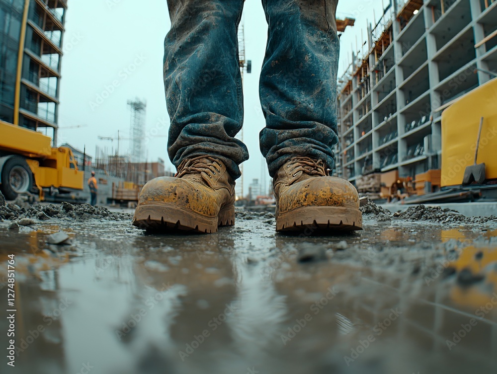 Building Site Boot Perspective: A unique low-angle shot captures a worker's boots, caked in mud, standing in a puddle on a construction site, emphasizing the challenging environment and hard work. Building Site Boot Perspective: A unique low-angle shot captures a worker's boots, caked in mud, standing in a puddle on a construction site, emphasizing the challenging environment and hard work.
