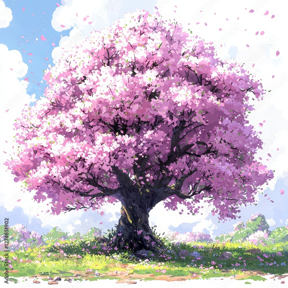 Obraz premium Majestic Pink Cherry Blossom Tree in Spring Meadow Falling Petals Scenic Nature