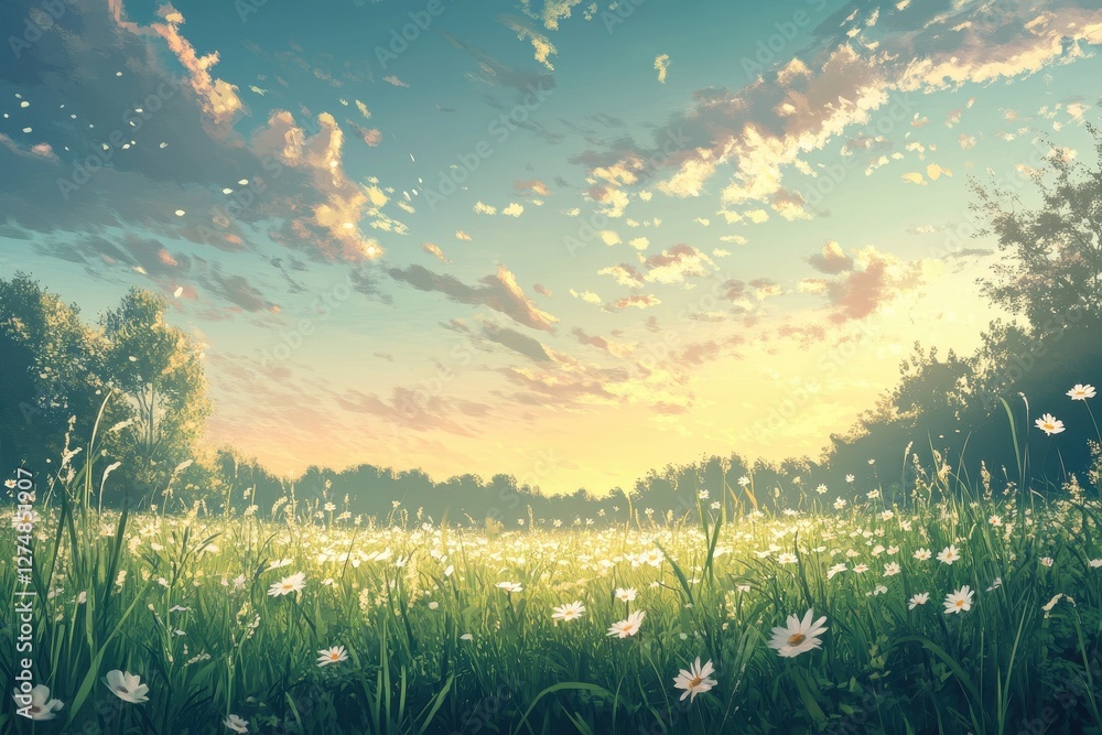 Obraz premium A scenic illustration of a meadow filled with daisies