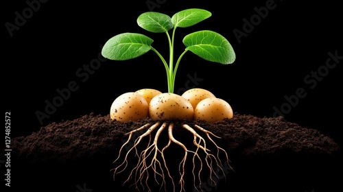 Growing Potato Plant with Roots and Soil