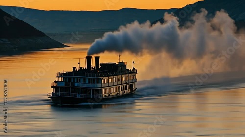 Steam-powered riverboat navigates tranquil waters at sunset in a picturesque landscape