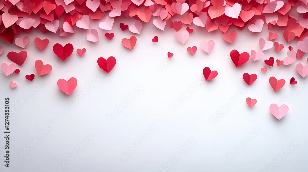 A delightful arrangement of red and pink paper hearts on a white background, perfect for Valentine's Day promotions, love notes, and cheerful content creation. A delightful arrangement of red and pink paper hearts on a white background, perfect for Valentine's Day promotions, love notes, and cheerful content creation.