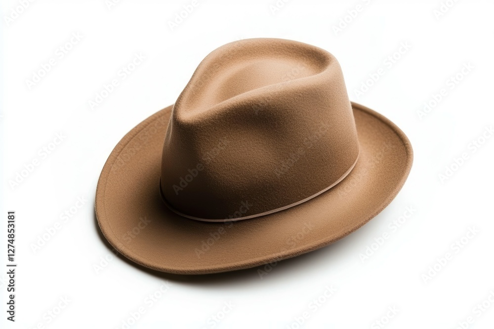 Tan hat with a brown band sits on a white background Tan hat with a brown band sits on a white background