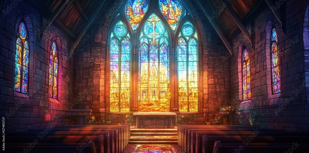 Obraz premium Interior view of a church with stained glass windows