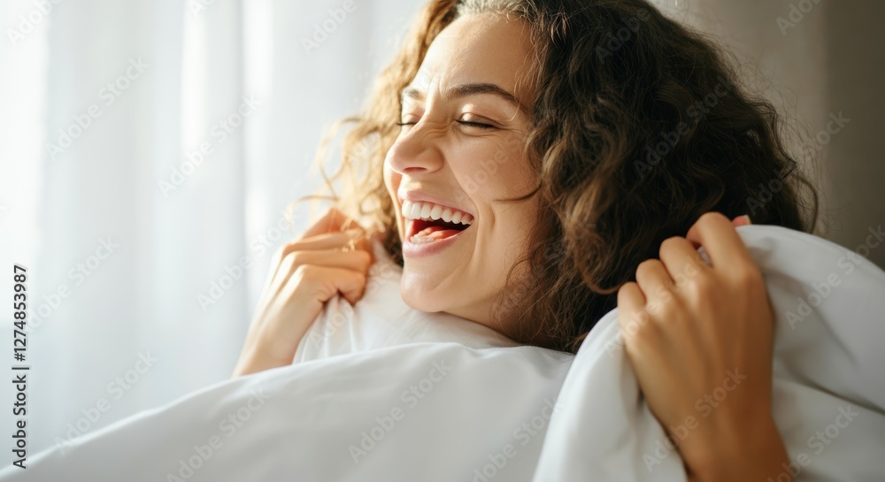 Joyful young caucasian female laughing in bed with sunlit background Joyful young caucasian female laughing in bed with sunlit background