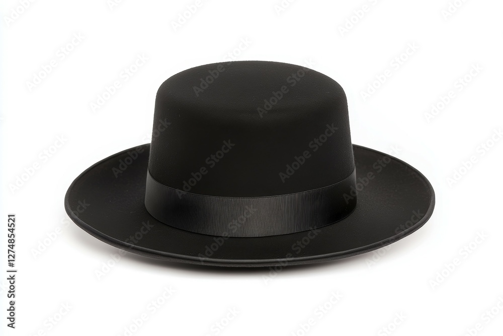 Black hat with a black ribbon around the base Black hat with a black ribbon around the base