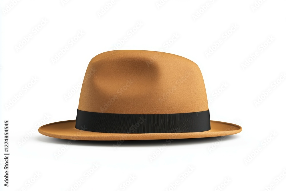 Tan hat with a black band sits on a white background Tan hat with a black band sits on a white background
