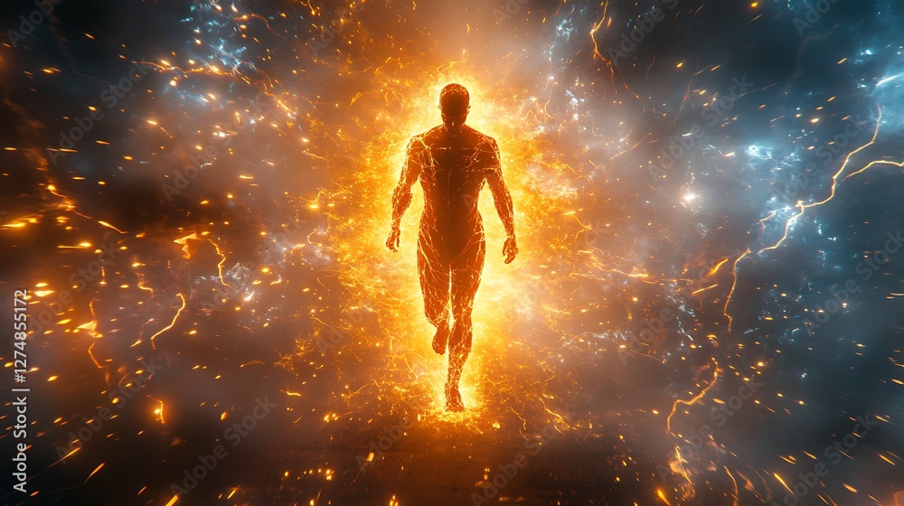 Naklejka premium Fiery Figure Walks Through Energy Burst