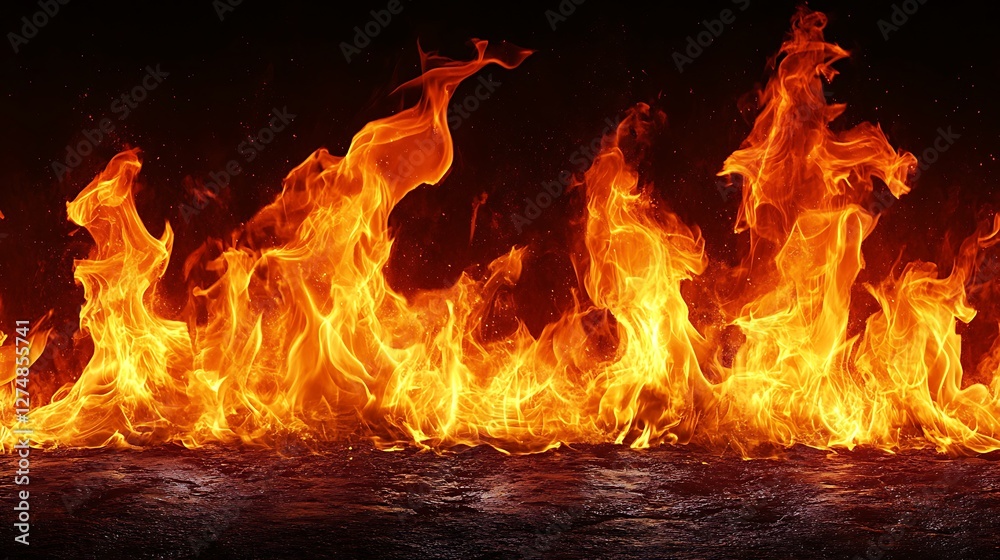 Fiery flames burning, dark background, heat, energy Fiery flames burning, dark background, heat, energy