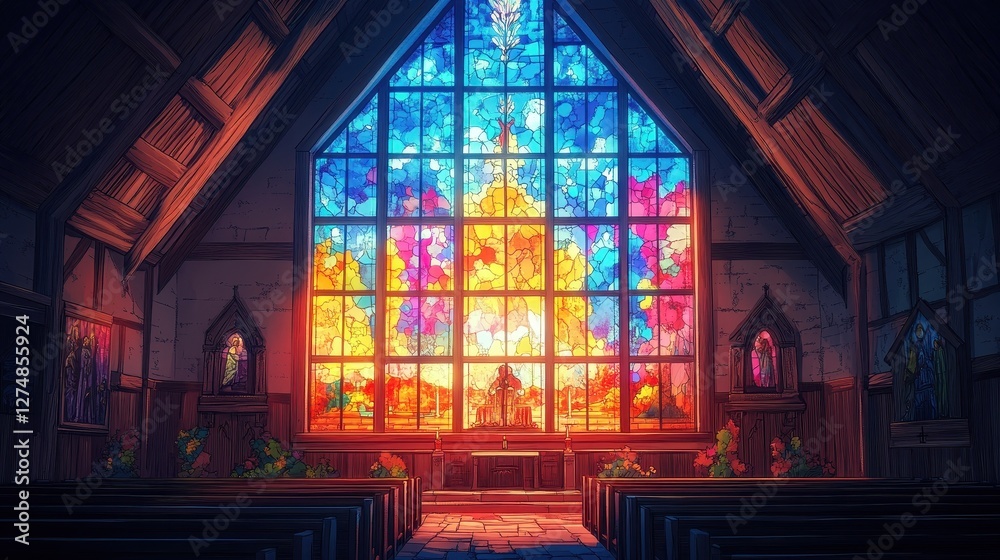 Obraz premium Stained glass window illuminates the interior of a church
