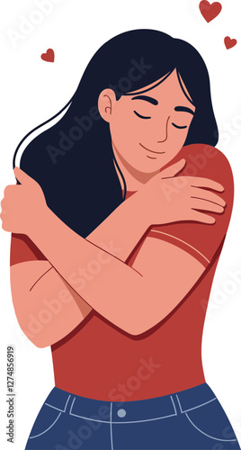 A woman embracing herself with a joyful expression in flat vector illustration style with hearts surrounding her