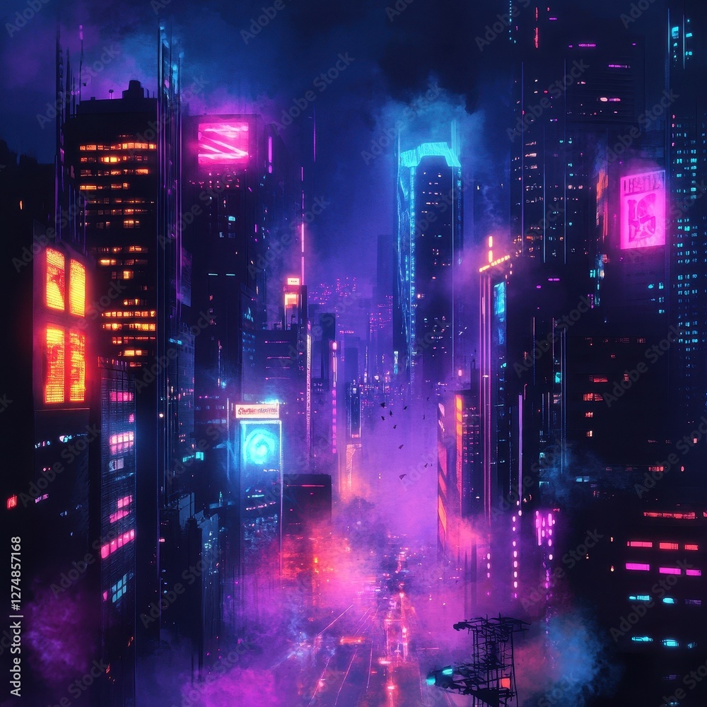 Futuristic cityscape illuminated by neon lights and atmospheric fog Futuristic cityscape illuminated by neon lights and atmospheric fog