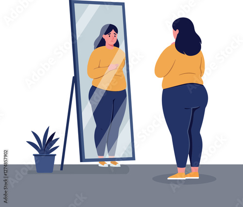 Woman in a yellow sweater gazing at her reflection in a tall mirror, minimal vector illustration