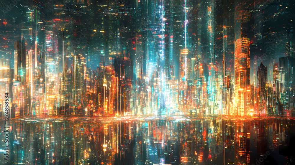 Fototapeta premium An illustration of quantum parallel worlds, showcasing numerous overlapping cityscape versions that blend dimensions with surreal, glowing details. Glowing Parallel Dimensions. Illustration