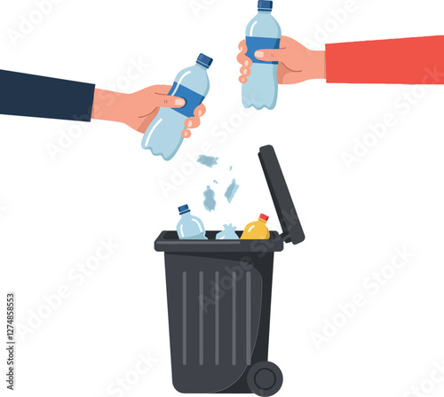 Hands discarding plastic water bottles into a black trash bin in flat vector art