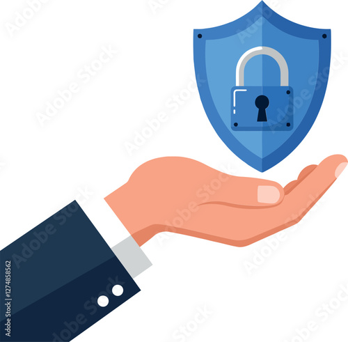 Hand holding a blue shield with a padlock symbol in flat vector illustration