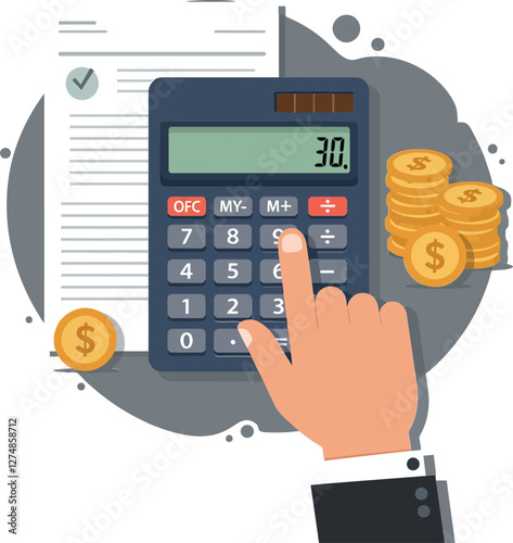 Calculator in hand calculating expenses with coins and checklist in a flat vector illustration