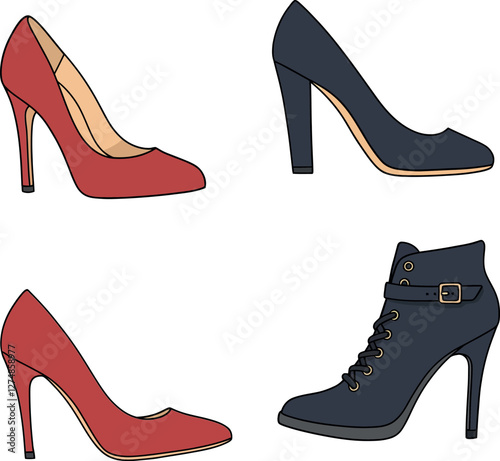 Stylish high-heeled shoes in vibrant red and classic black, flat vector illustration showcasing elegant footwear designs