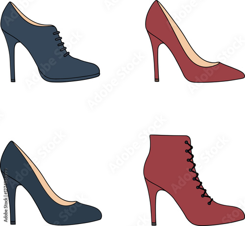 Stylish high-heeled shoes in various colors and designs featuring flat vector illustration